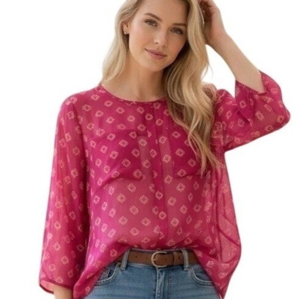 PAPERMOON Sheer Chiffon Blouse Fuchsia Pink Roll Tab Sleeves Women's Small
